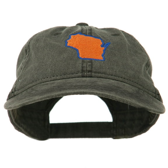 Wisconsin State Map Embroidered Washed Cotton Cap - Black OSFM