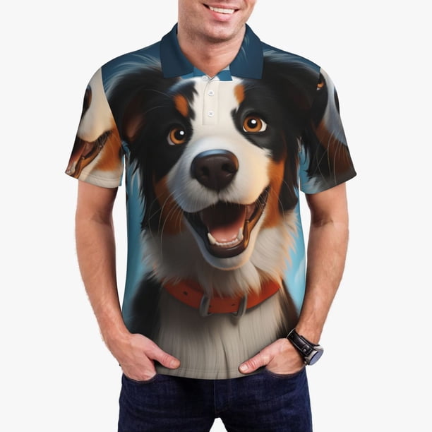 Balery Playful Smile Cute Dog Camisa Polo de Hombre con Estampado, de Manga Corta y Tejido Medio, Camisa Tipo Golf Polo-Small