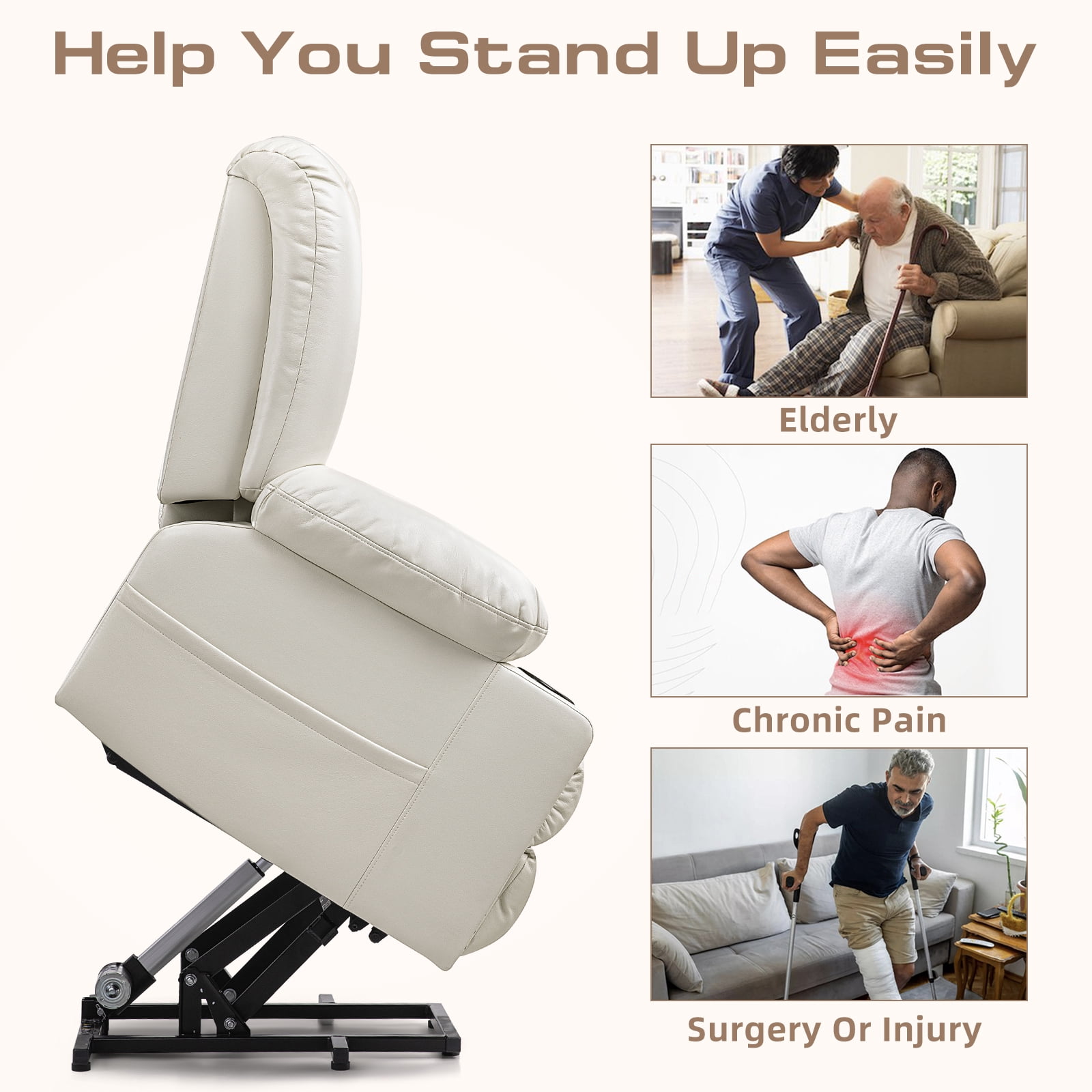 Large Power Lift Chairs Recliners for Elderly with Heated and Massage, Overstuffed Adjustable Lift Chairs, 3 Positions, Breathable Leather, USB-A and USB-C, Cup Holder, Side Pocket, Dark Brown