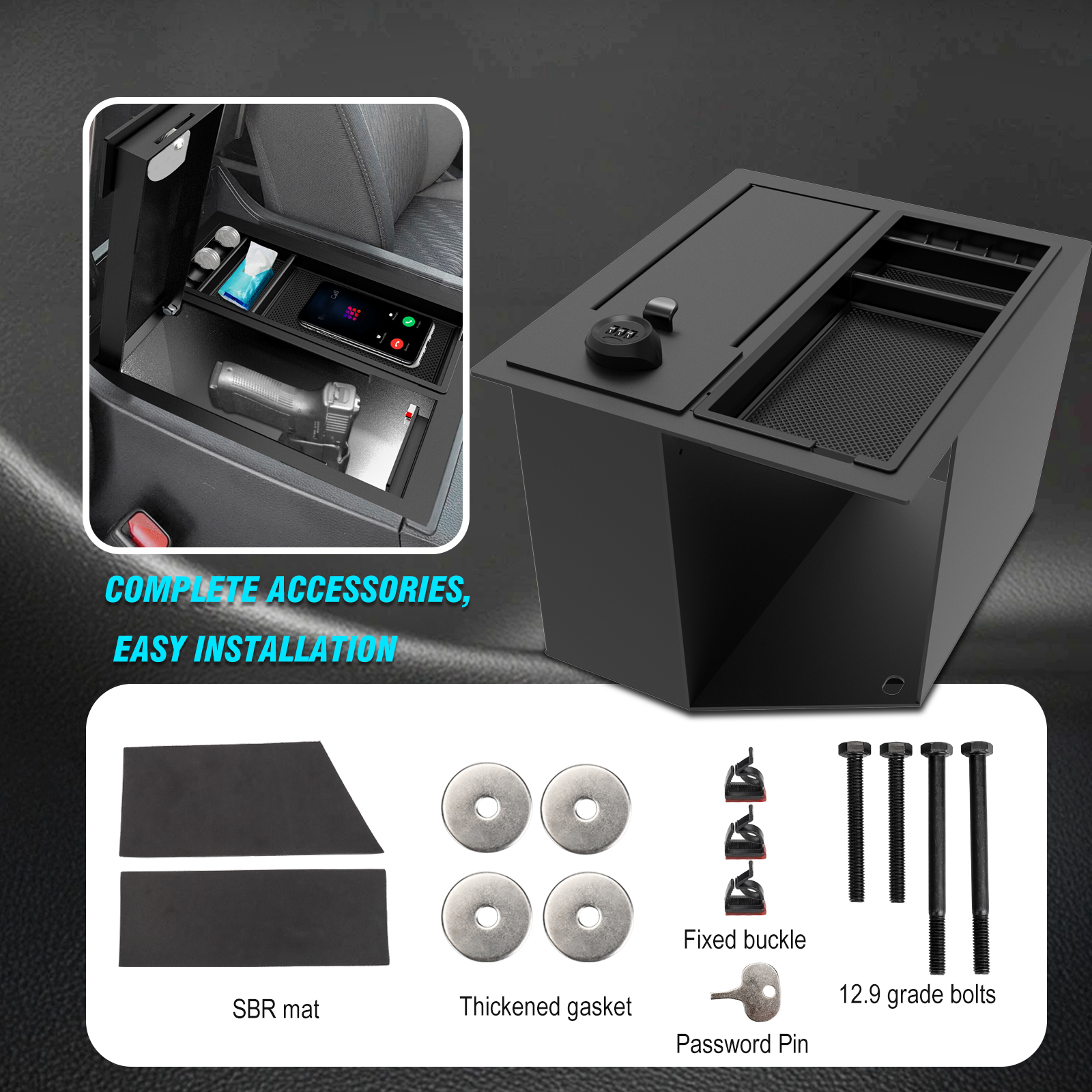 3mirrors Center Console Safe Gun Safe Box with LED Light and Coin Tray Mat Compatible with Toyota Tundra 2014-2021