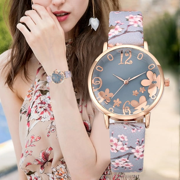 Pendientes de botón para mujer, pendientes de botón, pendientes de botón para mujer, moda femenina, flores en relieve, pequeño cinturón estampado fresco, reloj de cuarzo para estudiante, reloj de moda