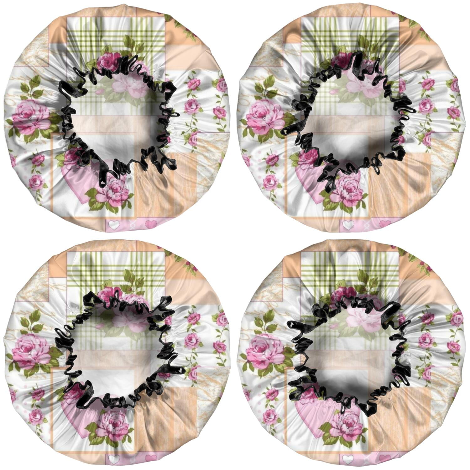 Shower Caps,Pioneer Flower Floral Print Pattern Waterproof Shower Cap for Women 4 Pieces,Double Reusable Hair Cover for Shower PEVA Elastic Stretch Hem