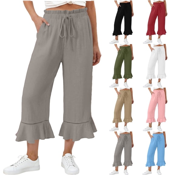 Capris for Women, Ruffle Hem Drawstring Elastic Waist Wide Leg Capri Pants, Summer Casual Cropped Trousers with Pockets