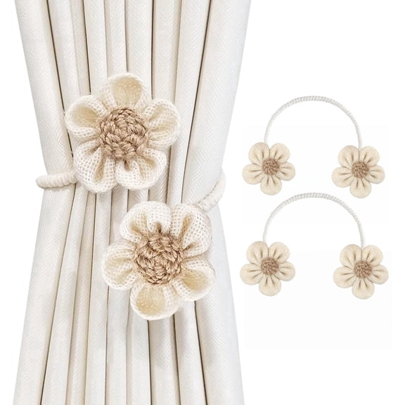 Curtain Tiebacks 2 Pack, Boho Decorative Curtain Holdbacks for Drapes, No Drilling Sunflower Window Tie Backs for Bedroom Living Room, Cream