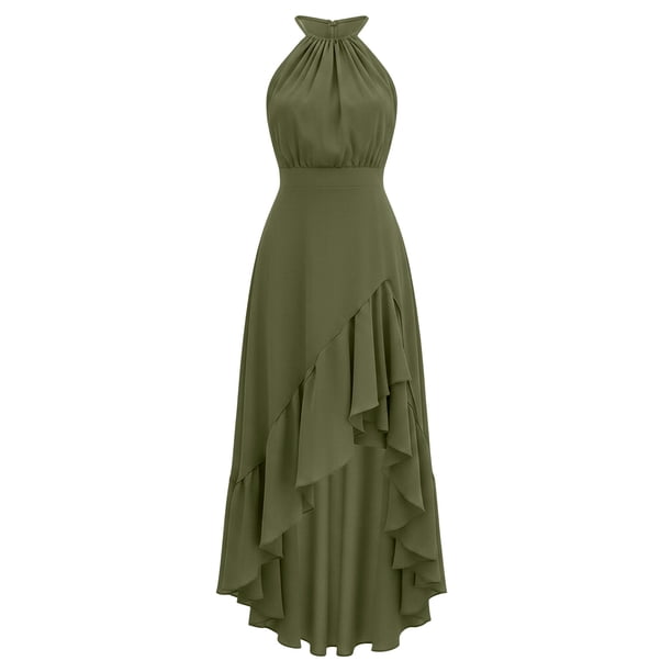 asdoklhq Maxi Dresses Pastel Boho Dresses Smocked A Line for Women's Solid Color Ruffled No Sleeve Casual Stylish Dress Army Green 2X