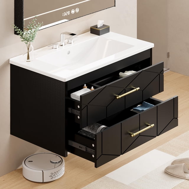 Yiwa 30 Inch Wall-Mounted Bathroom Vanity, Modern Floating Cabinet with Ceramic Basin and Two Gold-Handle Storage Drawers