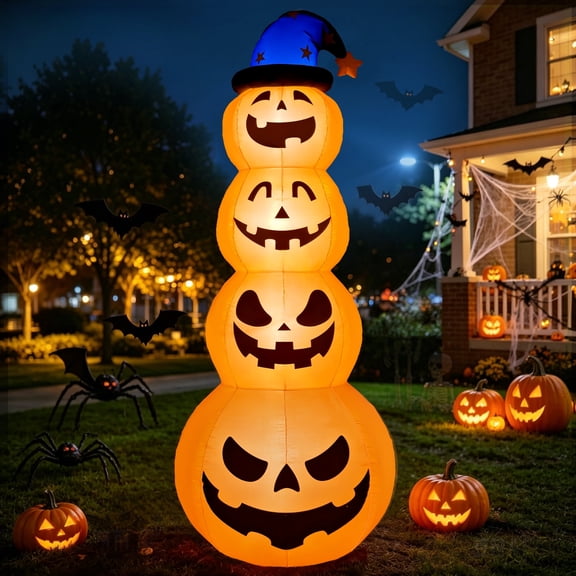 8ft Halloween Inflatable, Stacked Pumpkins with Witch Hat and Built-in LED Lights, Outdoor Blow up Yard Decor for Lawn, Garden, Porch and Halloween Party, Orange