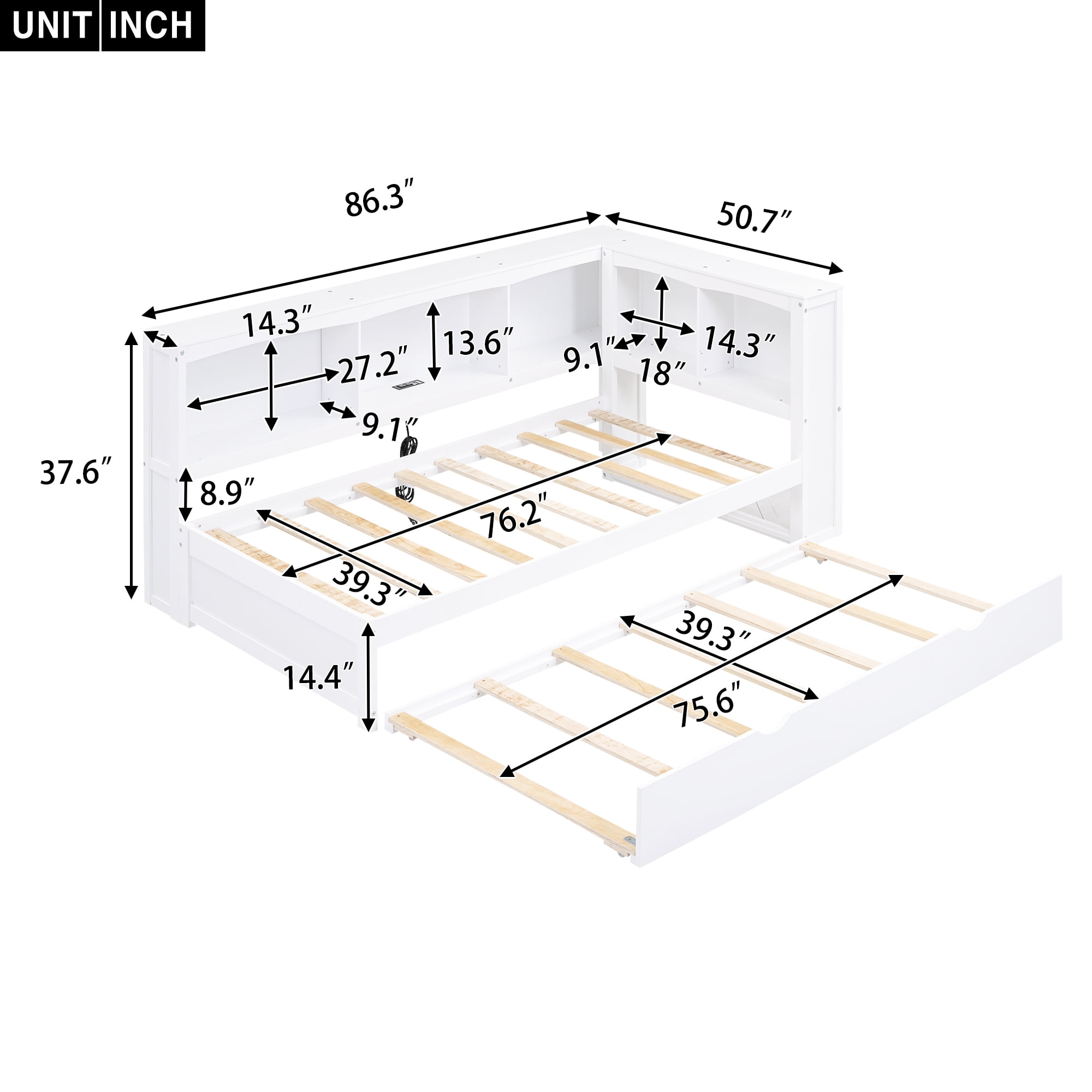Euroco Wood Twin Daybed with Trundle,Storage Shelves and Charging Station Sofa Bed for Bedroom,White