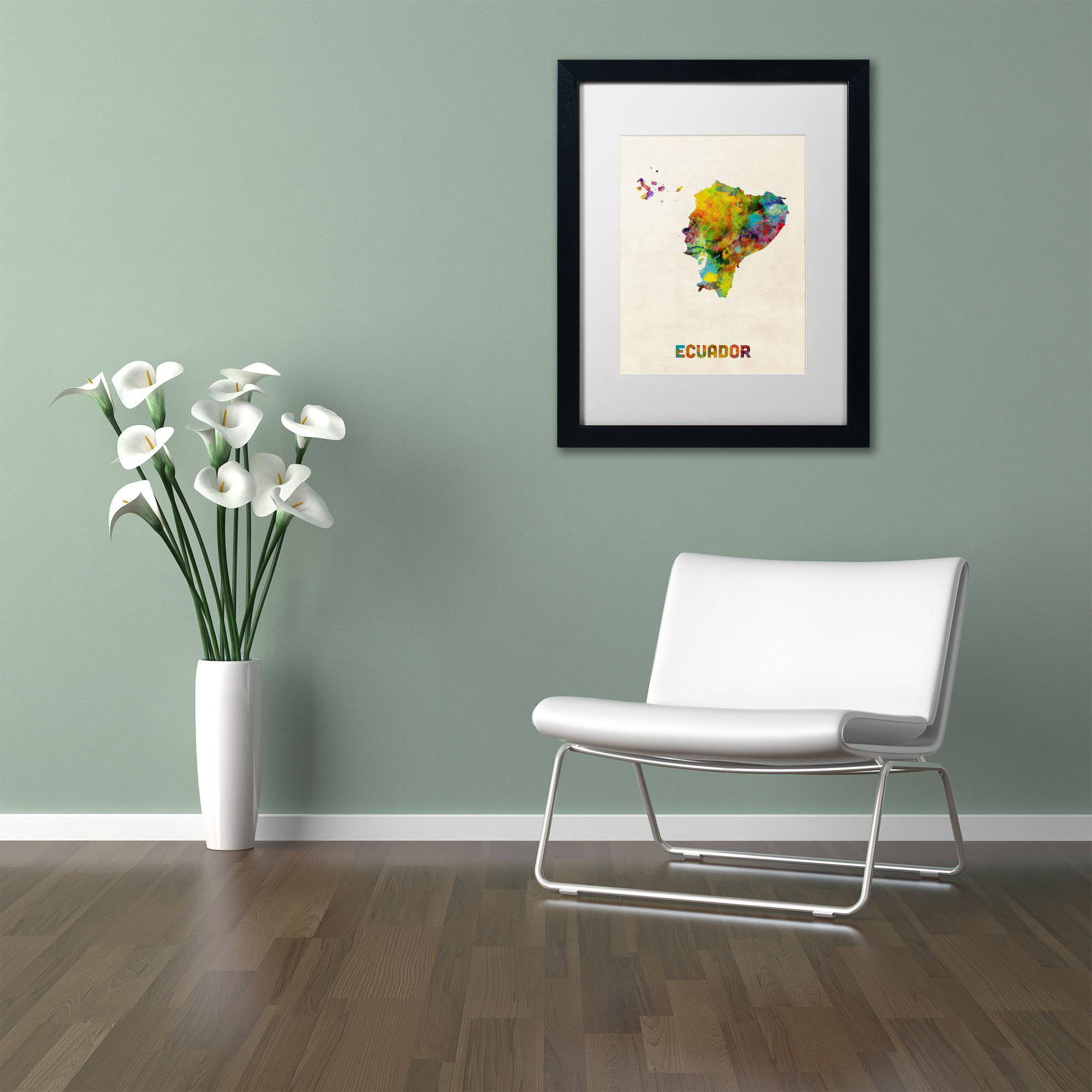 Trademark Fine Art "Ecuador Watercolor Map" Canvas Art by Michael Tompsett White Matte, Black Frame