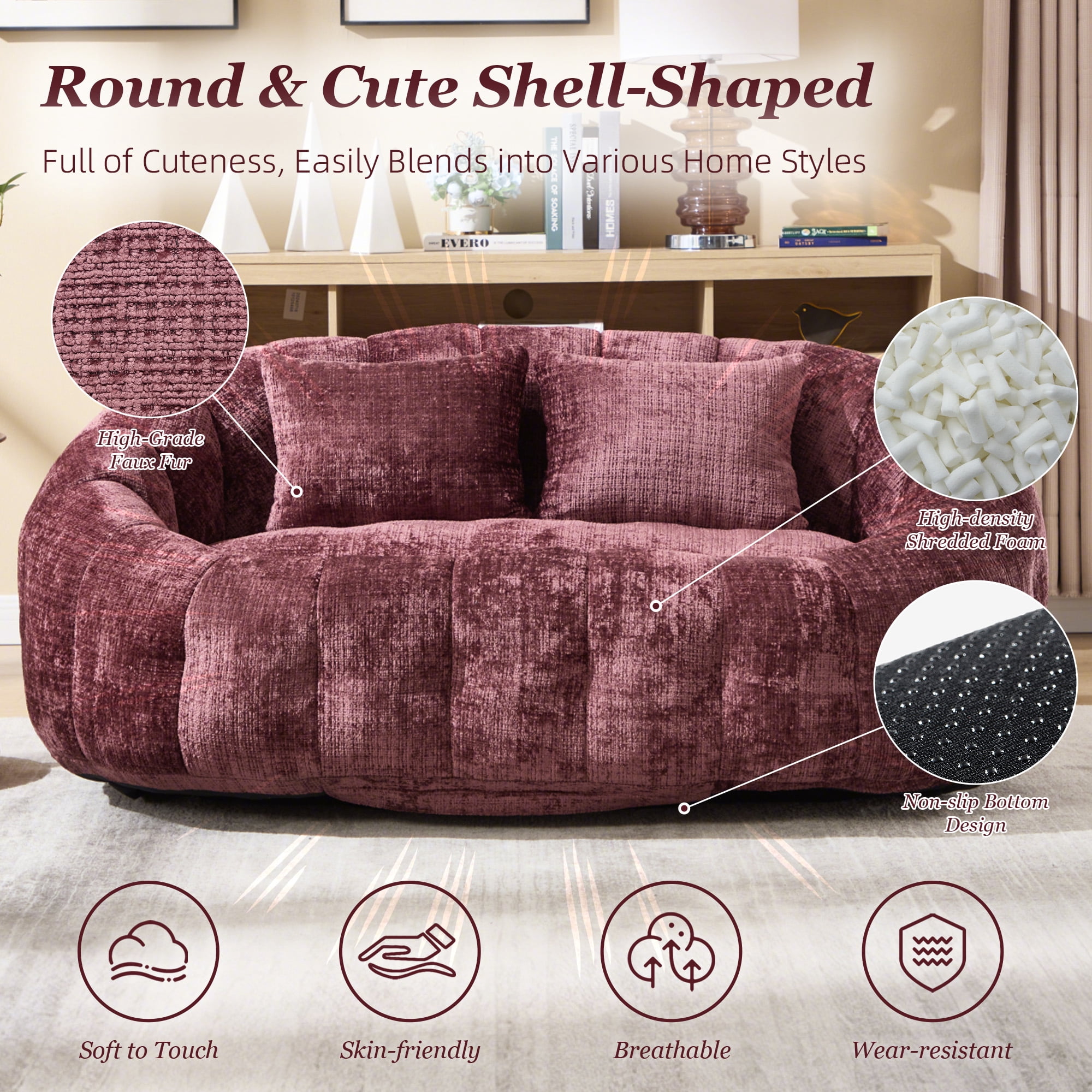 MOONMISS Large 59'' Bean Bag Chair for Adults,Chenille Shell-Shaped Couch with Two Pillows,Oversized Single Sofa,Wine Red