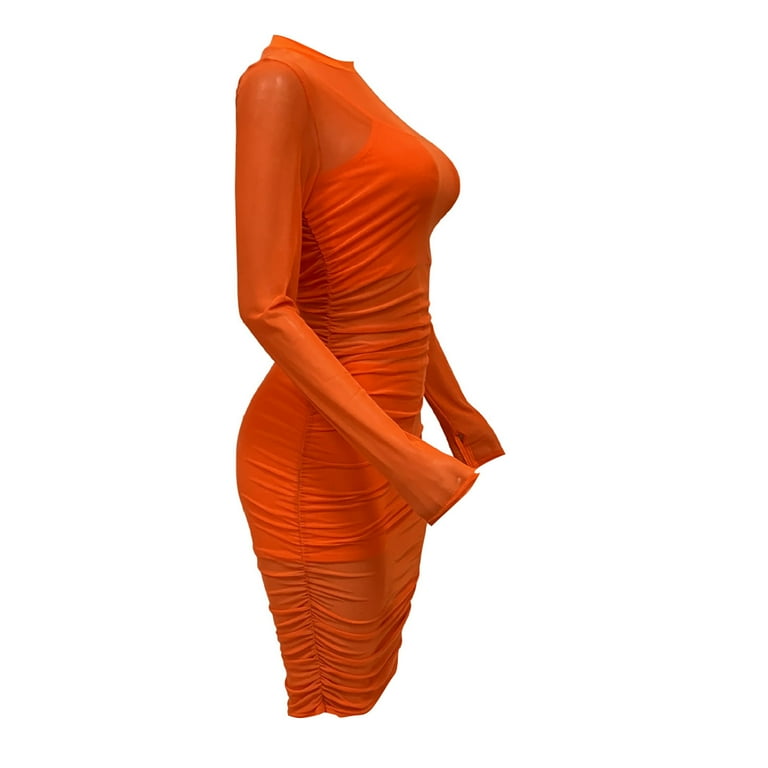 REALiKUN Women's Mesh Dress Long Sleeve Bodycon 3 Piece Outfits with Cami  Shorts Orange M - Walmart.com