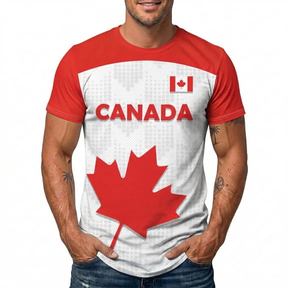 VNKIDY Mens Canada Maple Leaf Patriotic Print Soccer Short Sleeve T Shirt Crew Neck Quick Dry Casual Athletic Tee For Daily Wear Watermelon Red M