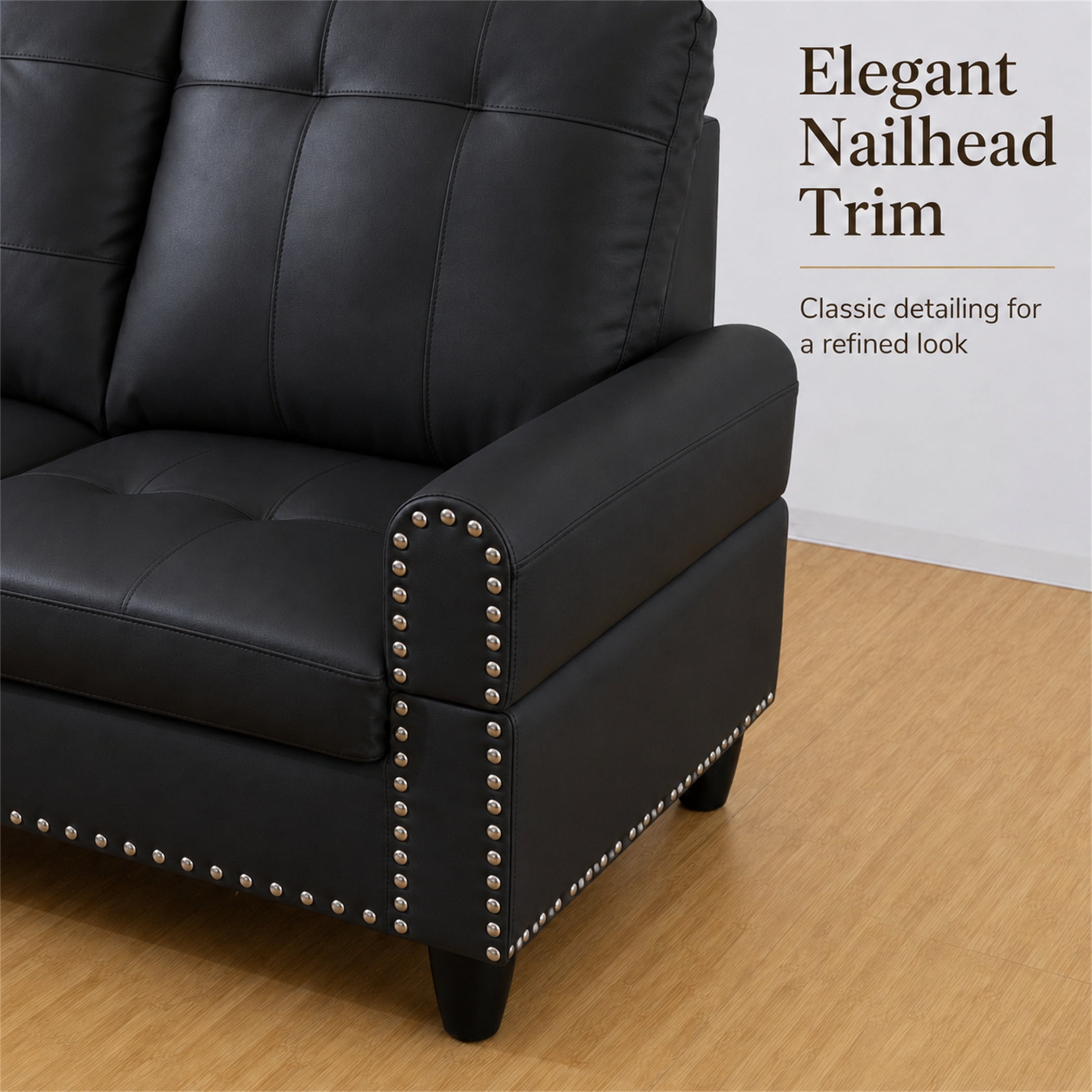 Aukfa 98" L Shaped Sectional Couch with Cup Holder Console, Tufted Back&Nailhead Trim, Oversized Right Chaise Leather Sofa for Living Room, Black