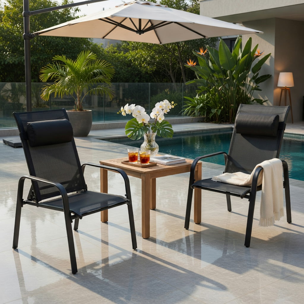 Hommoo 3-Piece Outdoor Bistro Set, Stackable Steel Chairs with Adjustable Backrest & Tempered Glass Table for Patio, Balcony, Porch, Black