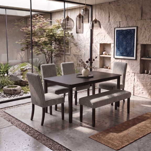 Home Design Guysaka 6-Piece Dining Set with Modern Rectangular Table, 4 Upholstered Corduroy Dining Chairs & Upholstered Bench, Light Gray