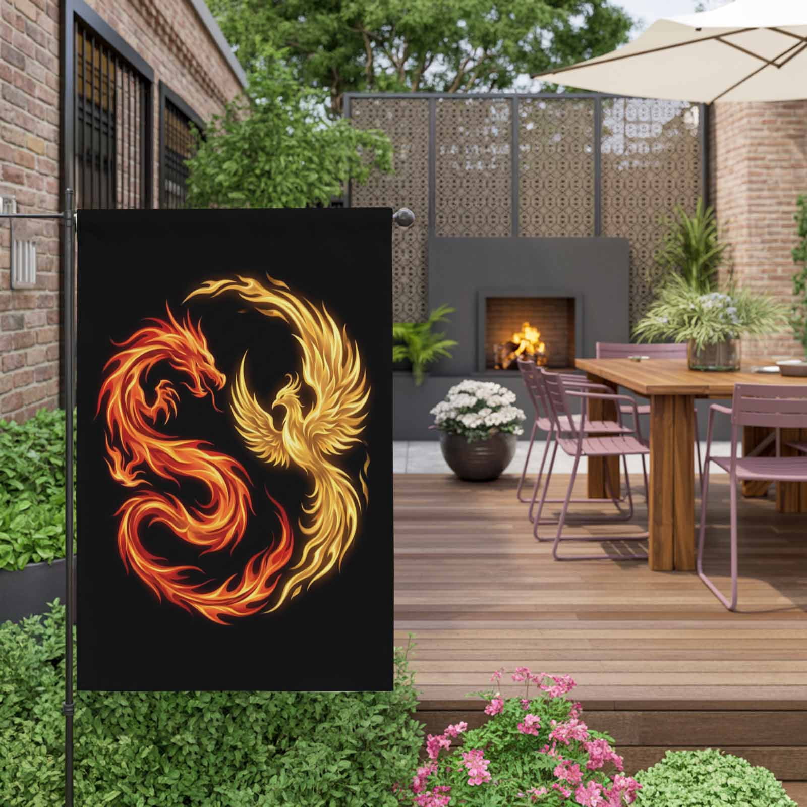 Dragon Phoenix House Flag 28 x 40 Inches, Modern Mythical Mysterious Gold Red Symbolic Black Weather Proof Outdoor Patio Flags Double Sided Small House Decoration for Yard Lawn Outside Home