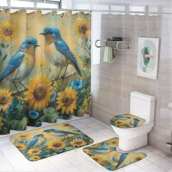4Pcs Retro Sunflower Bird Shower Curtain Set with Toilet Lid Cover Non-Slip Rugs for Bathroom, Rustic Daisy Plant Floral Shower Curtain Bathroom Sets with Hooks, 72x72 Inch