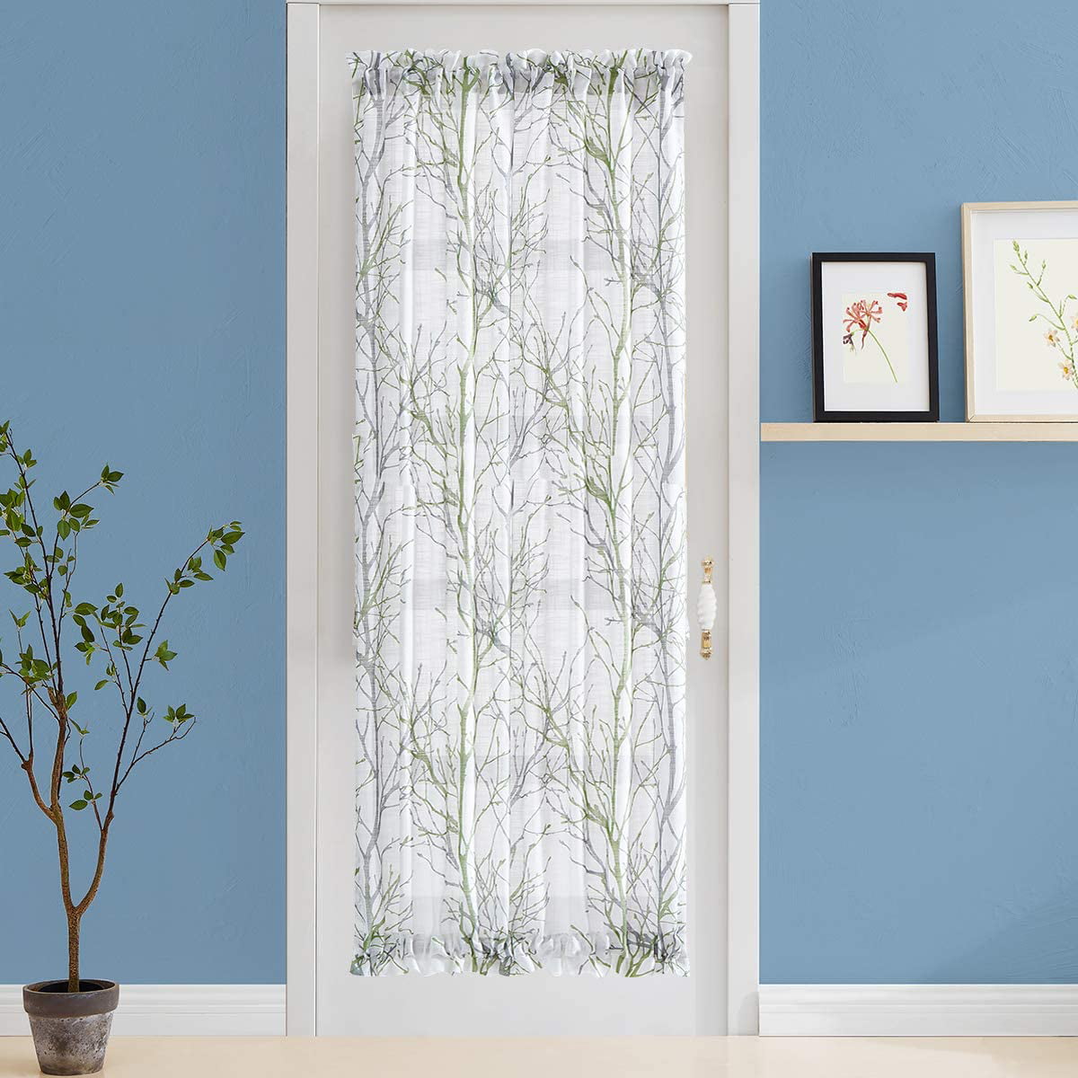 Rod Pocket 1 Panel French Door Panels 72 White Semi-Sheer Window Curtain Yellow and Grey Branch Print Curtain for Patio Door with Tie-Back 50 Width