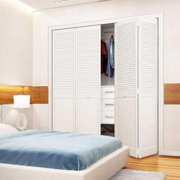 Traditional Louver Panel White Solid Core Wood Bi-fold Door