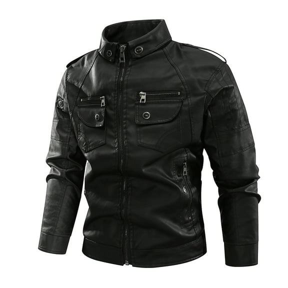 CHEEREAM Men's Faux Leather Jacket Vintage Stand Collar Motorcycle PU Leather Outwear Coat with Pockets Black XL
