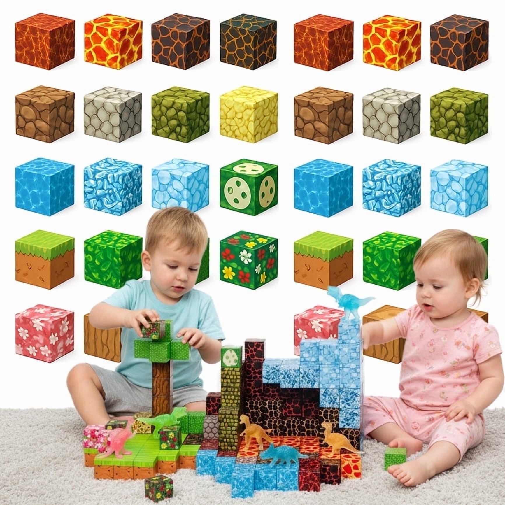 uMadeUs Magnetic Blocks Building Set - Puzzle Cubes as STEM Toys for Kids - Toddlers Sensory Construction Tiles - Ages 3+ Creative Educational Games for Boys and Girls - 100-pc Dinosaur World