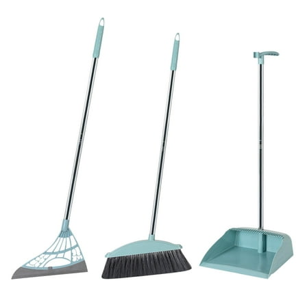 Coollooc Broom and Dustpan Set, Silicone Broom,Long Handle Broom with Upright Standing Dustpan, Squeegee - Broom for Indoor Cleaning 2 1,for Indoor Outdoor,Smooth Floors, Rugs (Green-Grey)