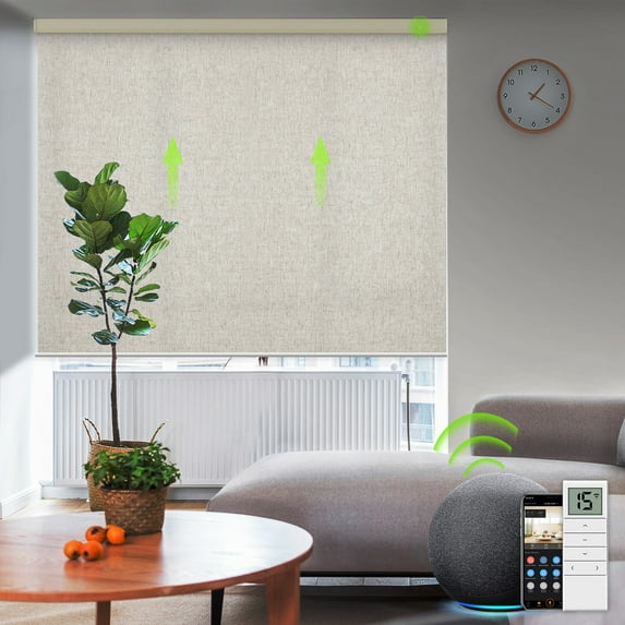 Yoolax Motorized Window Shade Smart Blind with Remote Control Half-Shading Privacy Automatic Child Safety Roller Shades(Half Shading Linen Beige,36"W x 72"H)