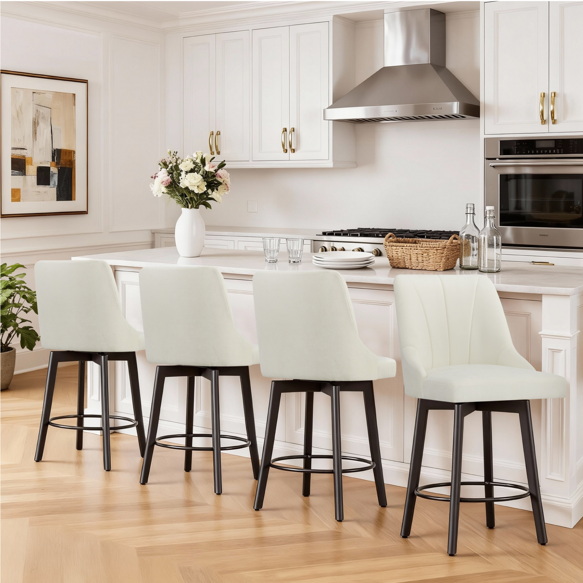 Spruce & Spring Modern Upholstered Swivel Bar Stool with Wide Seat for Kitchen Island or Dining Space Set of 2, Ivory