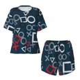 thumbnail image 5 of Wukai Navy Blue Geometric Women's Pajama Set,Short-Sleeve Top and Shorts with Elastic Waistband and Pockets for Loungewear, Yoga, and Casual Wear-, 5 of 8