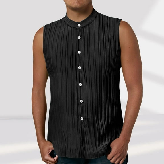 JXMVOJ Men's Casual Fashion Tank Tops Summer Sleeveless Regular Fit Solid Color Muscle T-Shirts Tops Lightweight Button Front Turndown Collar Shirts