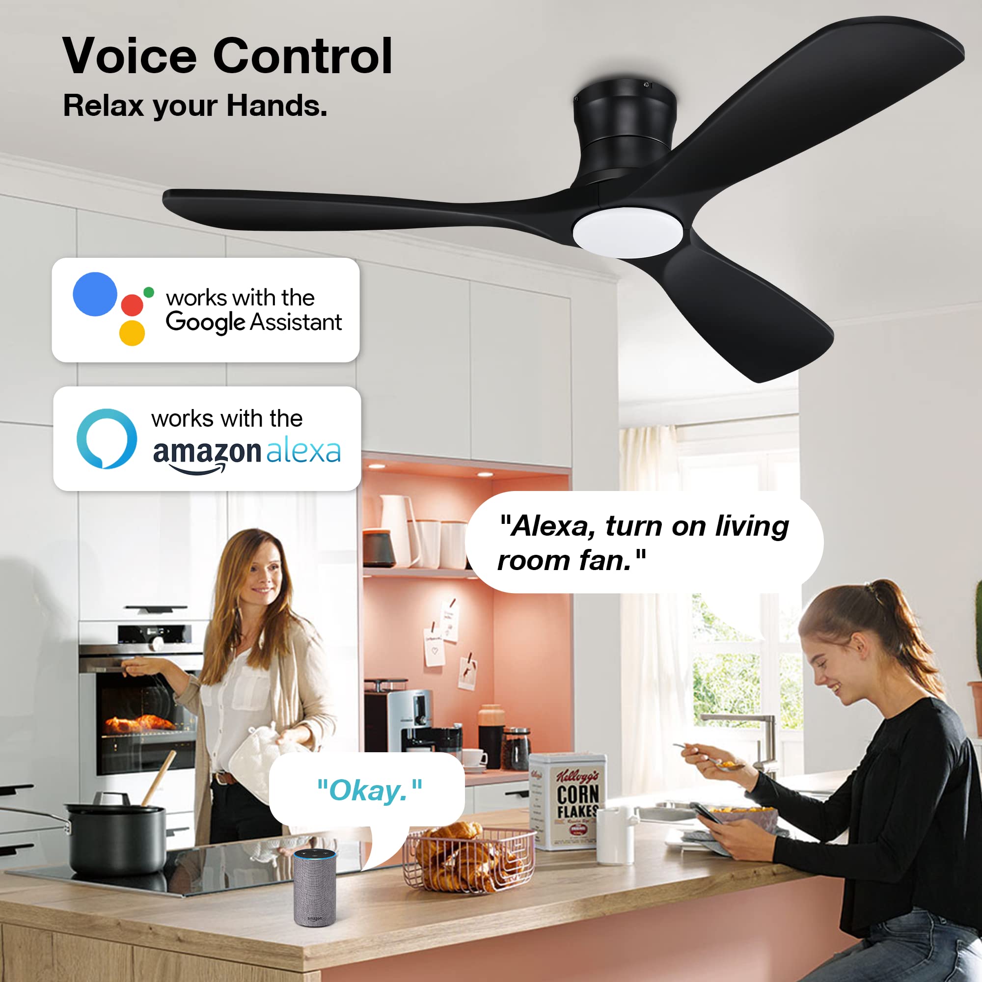 52 Inch Smart Wood Low Profile Ceiling Fan with Lights Remote,Quiet DC Motor, Modern Black for Bedroom Living Room Patio Porch, Outdoor Indoor Flush Mount Ceiling Fans Controlled by WIFI Alexa App