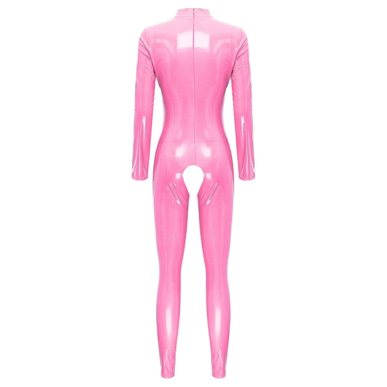Sexy Open Crotch Zipper Pink Latex Bodysuit For Women Available