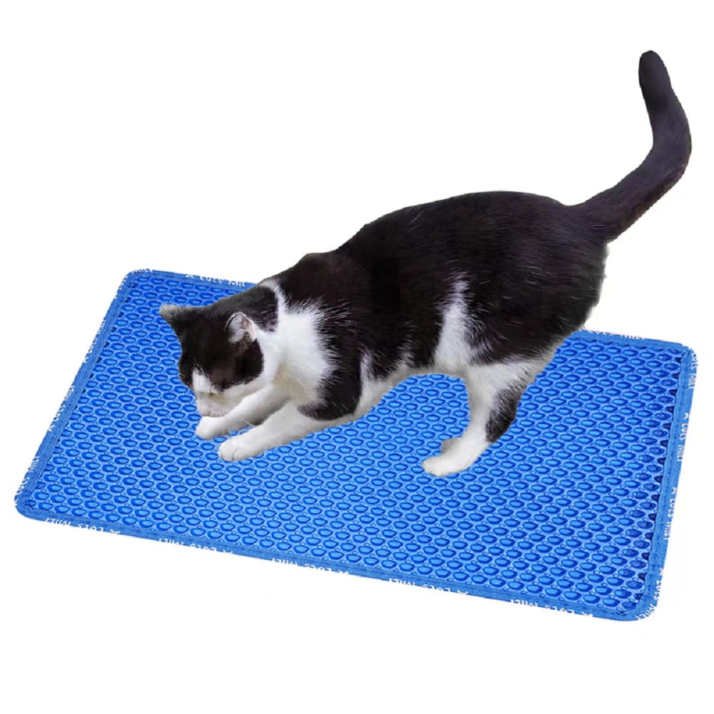 Cat Litter Mat for Litter Box, Double Layer Trapping Mat with Waterproof Bottom, 21x14in Kitty Litter Scatter Control Mat, Blue EVA Scratch Pad for Cat Paws, Easy Clean