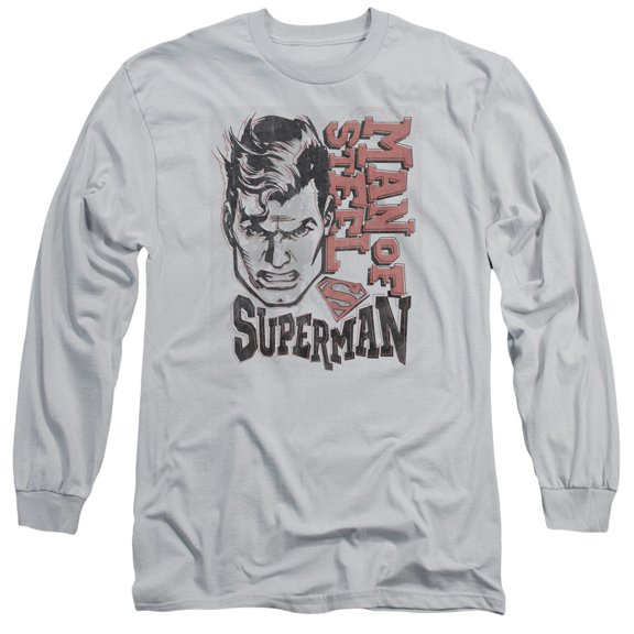 Superman Retro Lines Long Sleeve Adult 18/1 T-Shirt Silver