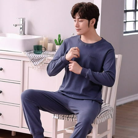

DanceeMangoo Mens Pajamas Set Spring Autumn Leisure Elastic Waist Men Sleepwear Cotton Mens Long Sleeve Nightwear Top Long Men Home Cloth