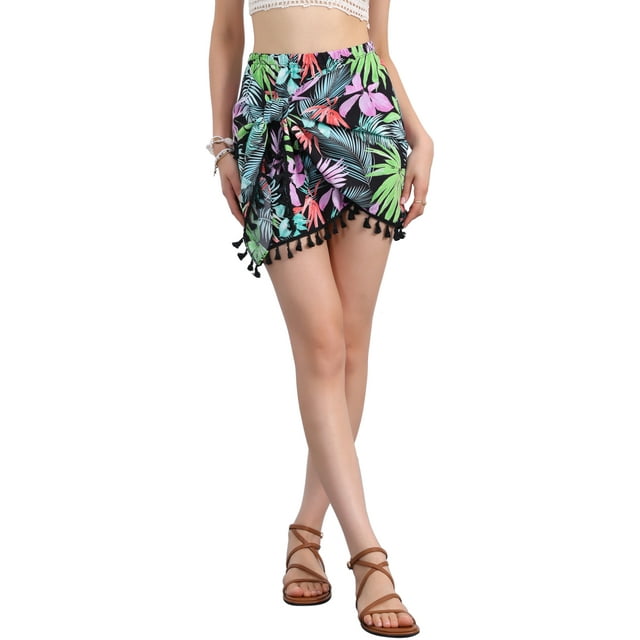 Faldas Boho Florales para Mujeres INSPIRE CHIC con Nudo Lateral y Flecos, Falda Mini de Playa M Negra