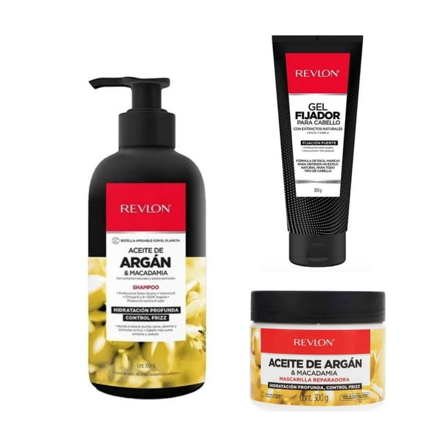 Revlon Kit Para el Cabello 3 Piezas Shampoo Y Mascarilla Capilar Aceite de Argán HIDRATACIÓN PRODUNDA CONTROL FRIZZ+ Gel Fijacion Fuerte
