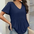 thumbnail image 4 of TQWQT Summer Tops for Women Short Sleeve Peplum V Neck Blouses Plus Size Trendy Shirts Puff Sleeve Solid Color Tunic Top Maternity Clothes Dark Blue 3XL, 4 of 5