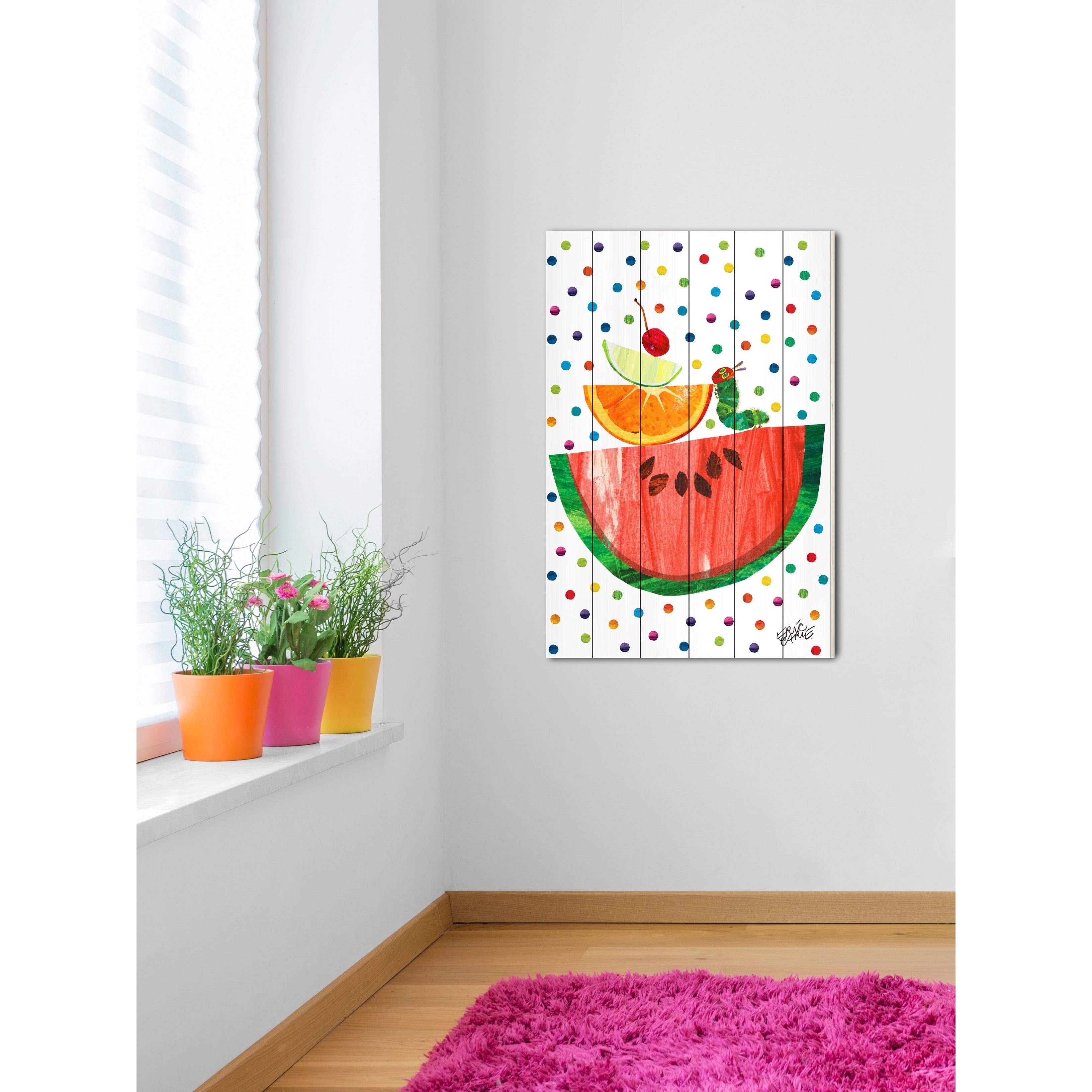 Watermelon and Caterpillar Art Print on White Pine Wood