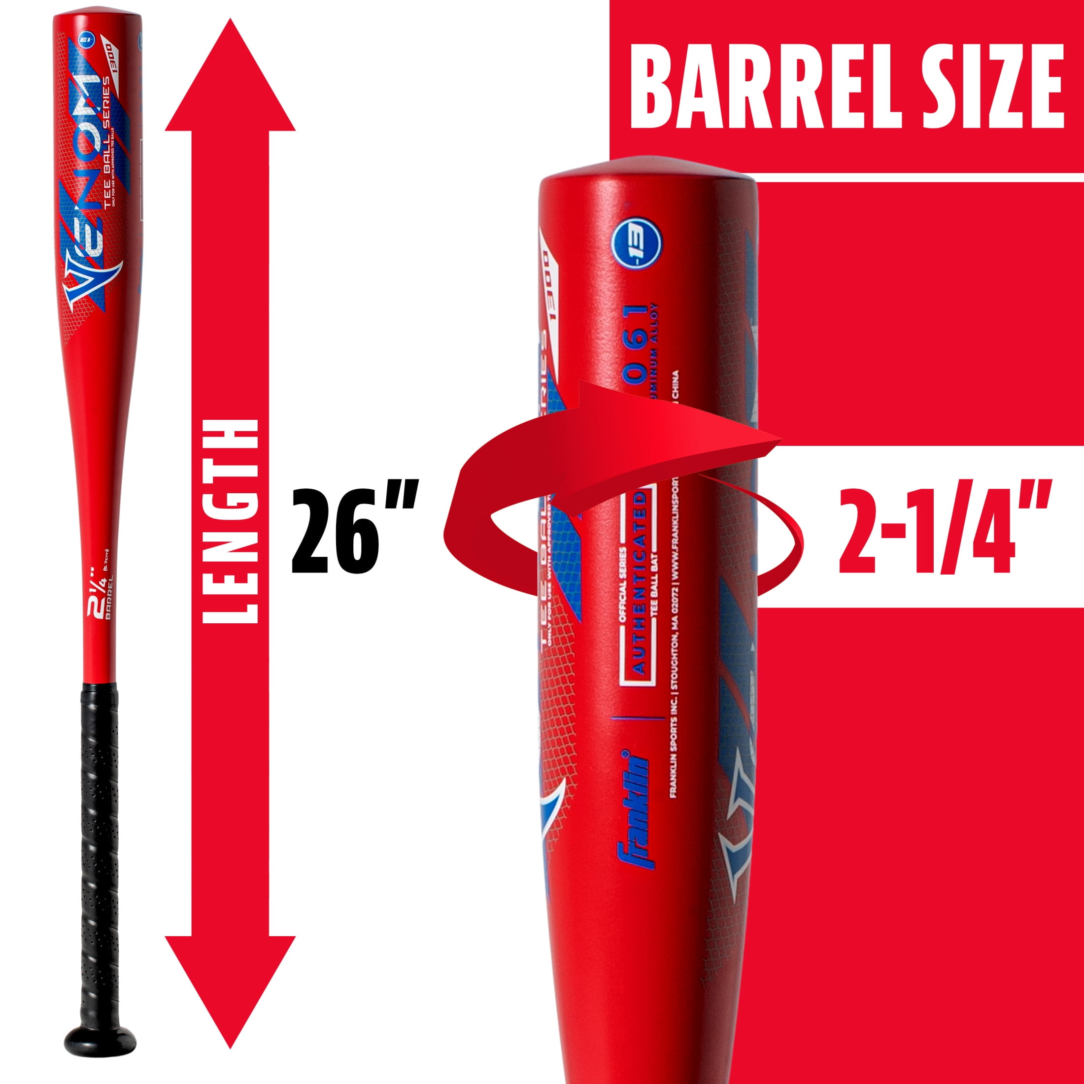Franklin Sports Venom 1300 Youth Aluminum Teeball Bat, 26 in/13 oz, Drop -13, Red