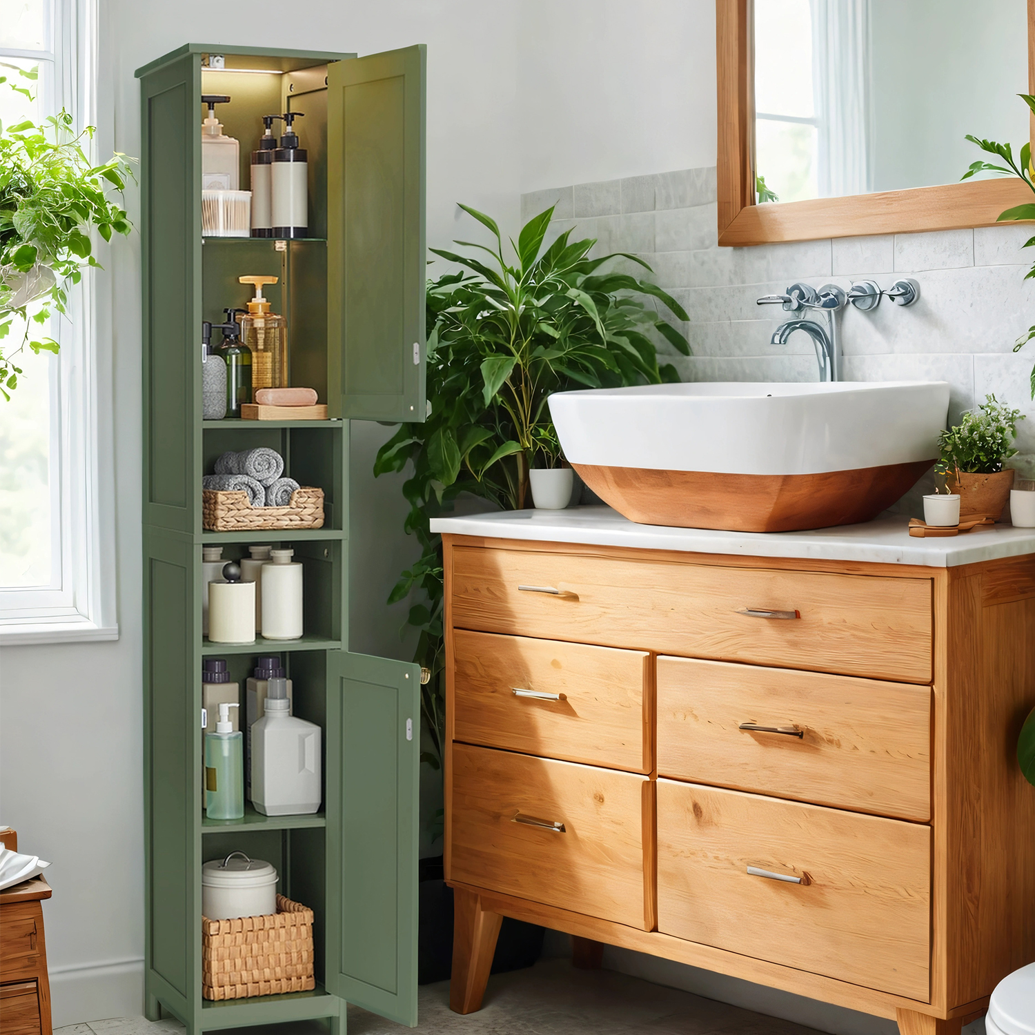 LEDREM Bathroom Storage Cabinet 67" Tall Narrow Wooden Freestanding Cabinet with Automatic Door Lights, Adjustable Shelves,Green