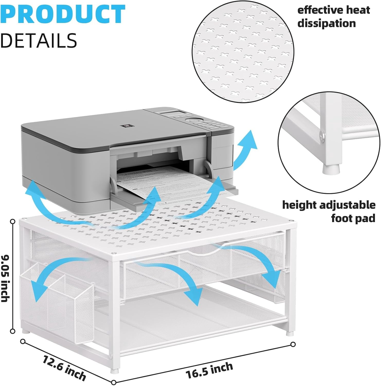 Metal Printer Stand for Desk with Storage Drawer and 2 Pen Holders, 2-Tier Desktop Organizer Printer Table for Home Office, Multi-Purpose Desk Organizer for Fax Machine Scanner Files(White)