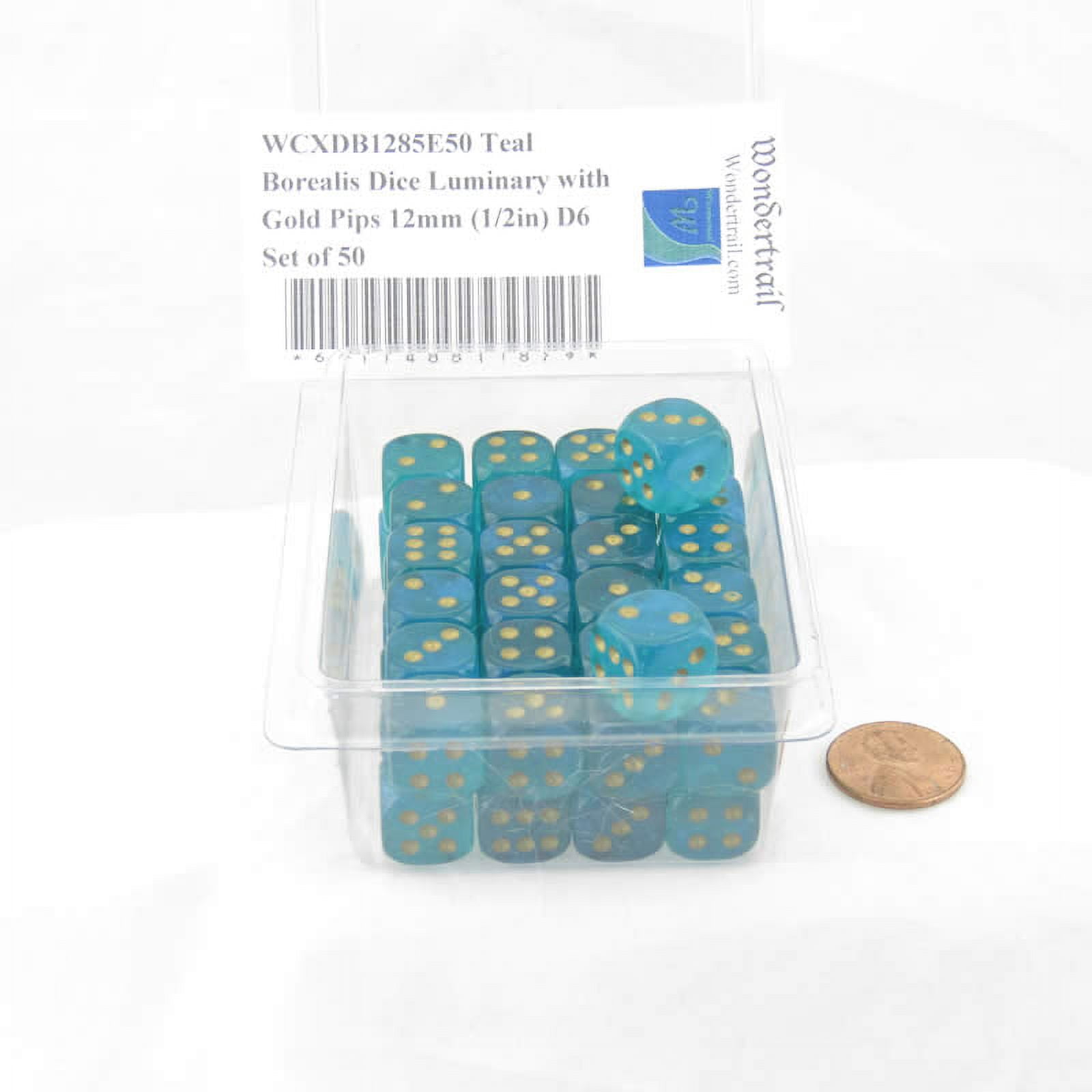 Teal Borealis Dice Luminary with Gold Pips 12mm (1/2in) D6 Set of 50 Wondertrail