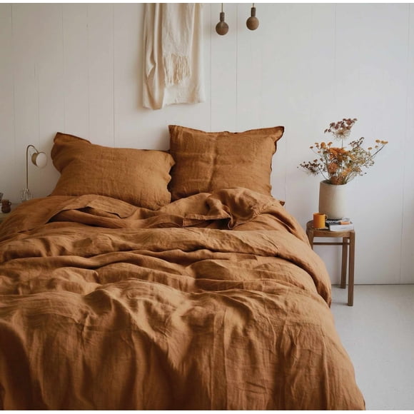 Q VITA Reversible Linen Duvet Cover Bedding Set, Queen Size, 3-Piece for Adults – Orange Color, Enzyme Washed, OEKO-TEX Certified, Eco-Friendly