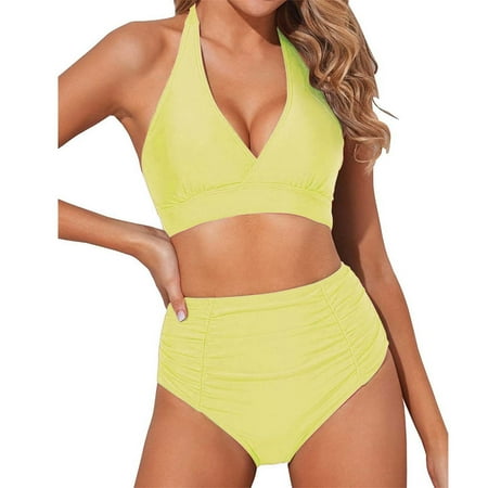 IDALL Bikini Sets Bathing Suit High Waisted Bikini Set For Women Two Piece Vintage Swimsuit Retro Bathing Suit With Bottom Womens Swimsuits Womens Swimwear Yellow 3 2XL