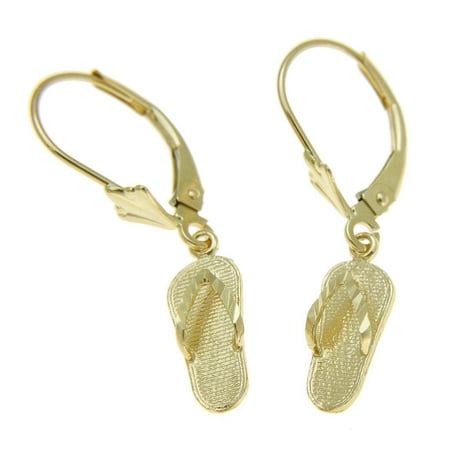 Flip White Earrings - 14K solid yellow gold Hawaiian slipper flip flop diamond cut leverback earrings