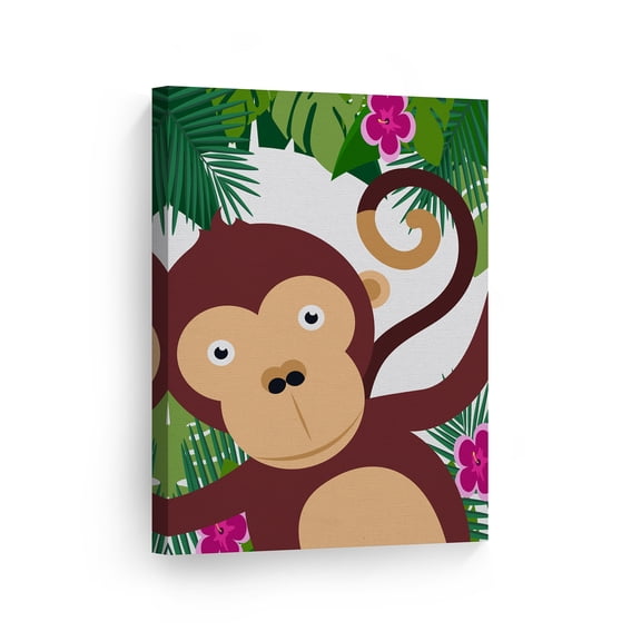 Smile Art Design Tropical Animal Cute Monkey Wall Decor Palm Frame Canvas Wall Art Print Kids Room Decor Baby Room Decor Nursery Decor Made in the USA- 40x30