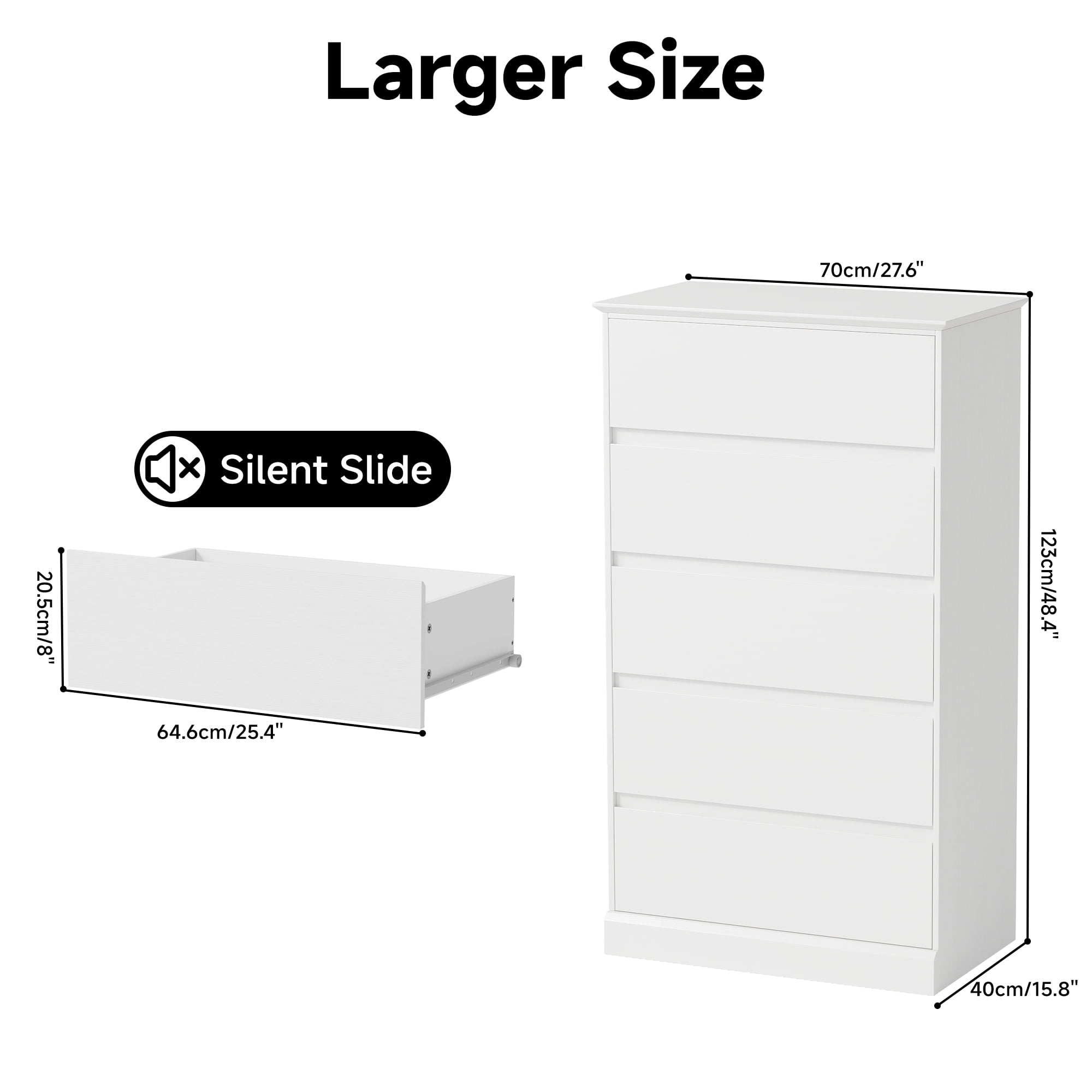 5 Drawer Dresser for Bedroom, 15.8" D x 27.6" W x 48.4" H in Simply Modern Chest of Drawers, Wood Storage Dresser with Deep Drawers for Living Room Hallway Entryway, White