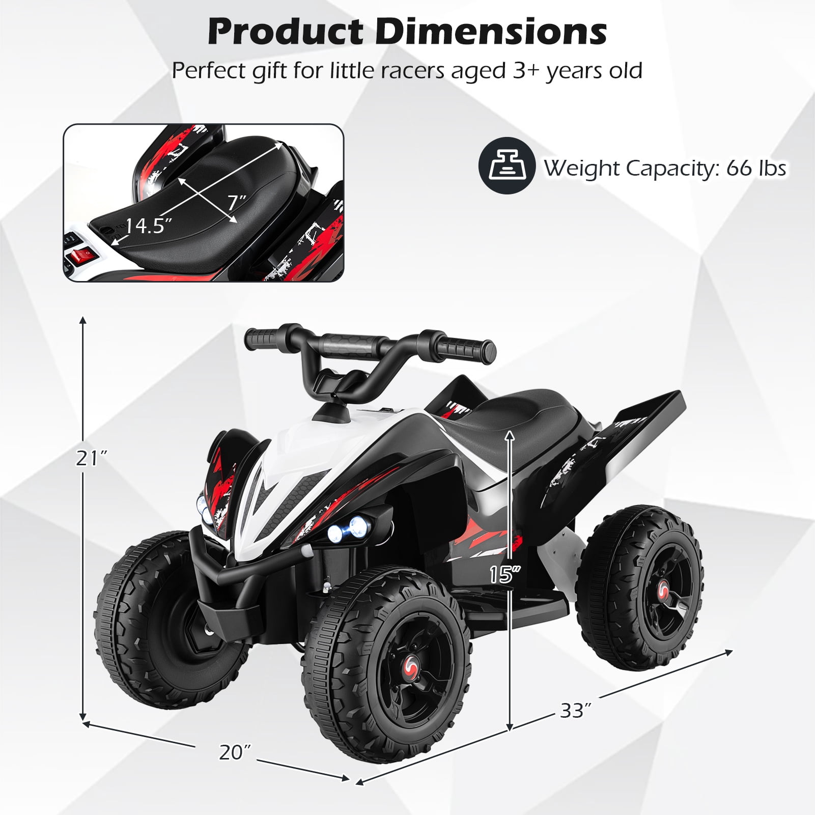 Costway 12V Quad 4 Wheeler Ride on Toy with Music, Light, USB Port, Wireless Connection Black