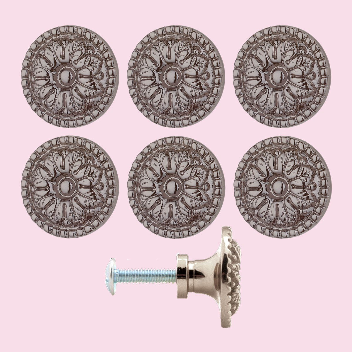 6 Kitchen Cabinet Knob Nickel Black On Brass 1 1/4" Dia Floral | Renovators Supply